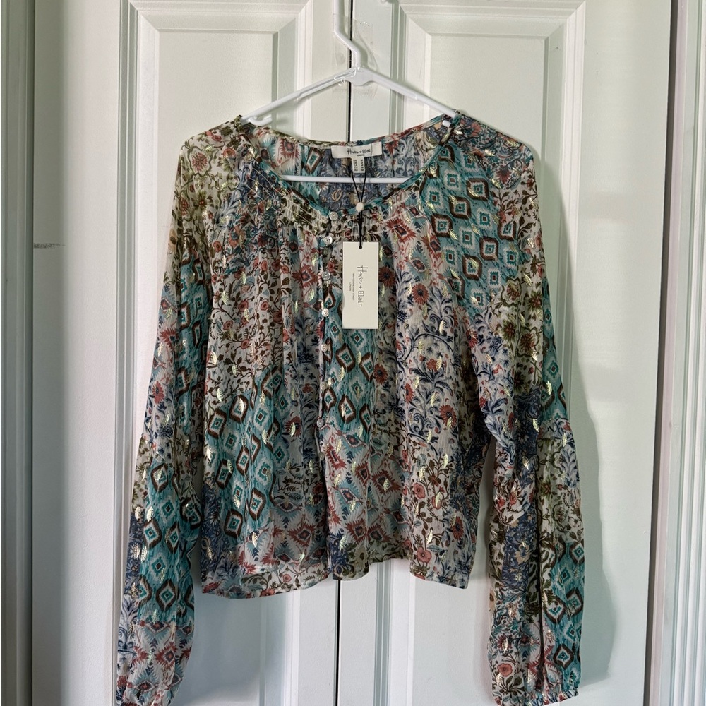 Green and Brown Tie Front Relaxed Blouse